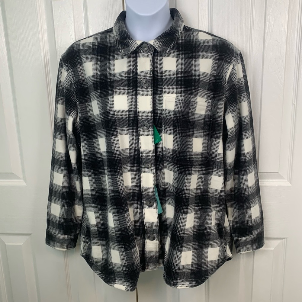 Eddie Bauer Womens Microfleece Shirt XL Black White Plaid Button Up 1724429